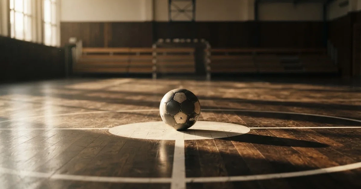 A ball on the centre spot of a grass pitch in morning light