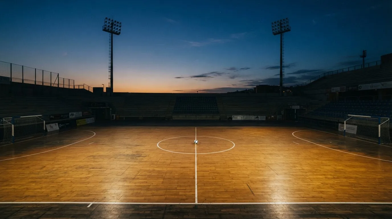 An empty football stadium with floodlight masts at dusk