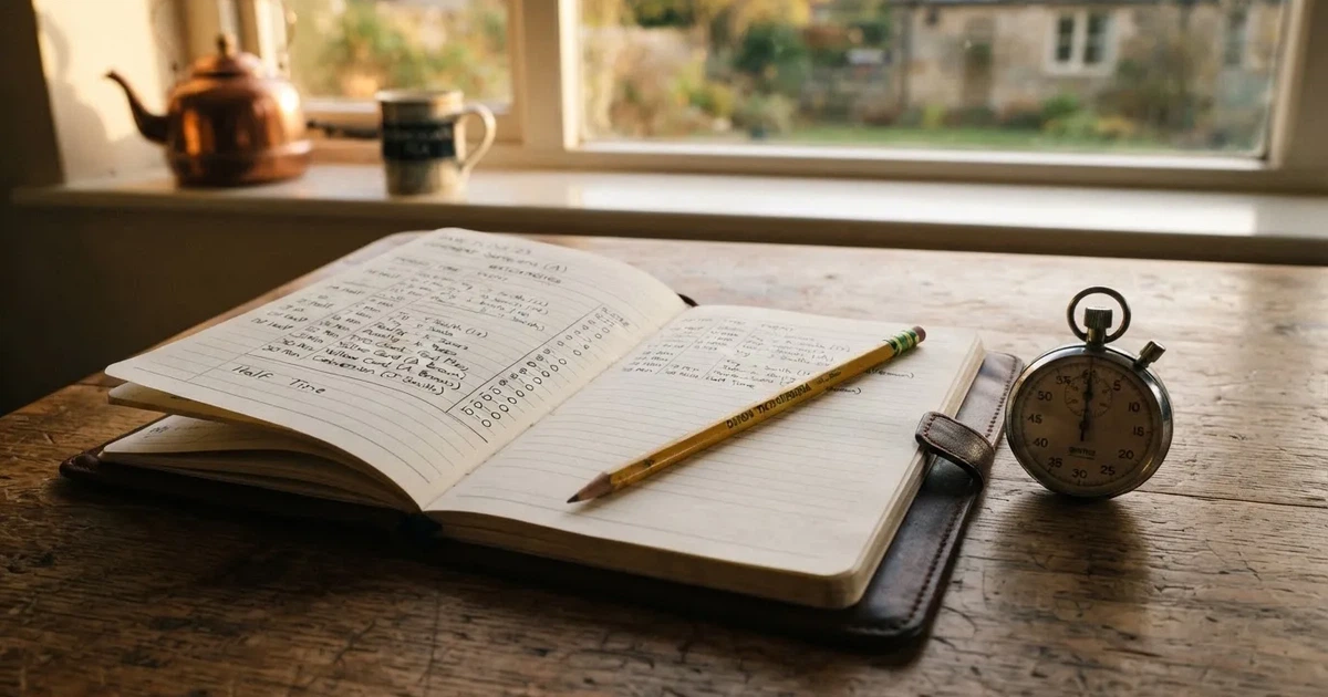 An open notebook with a pencil and a stopwatch on a wooden table