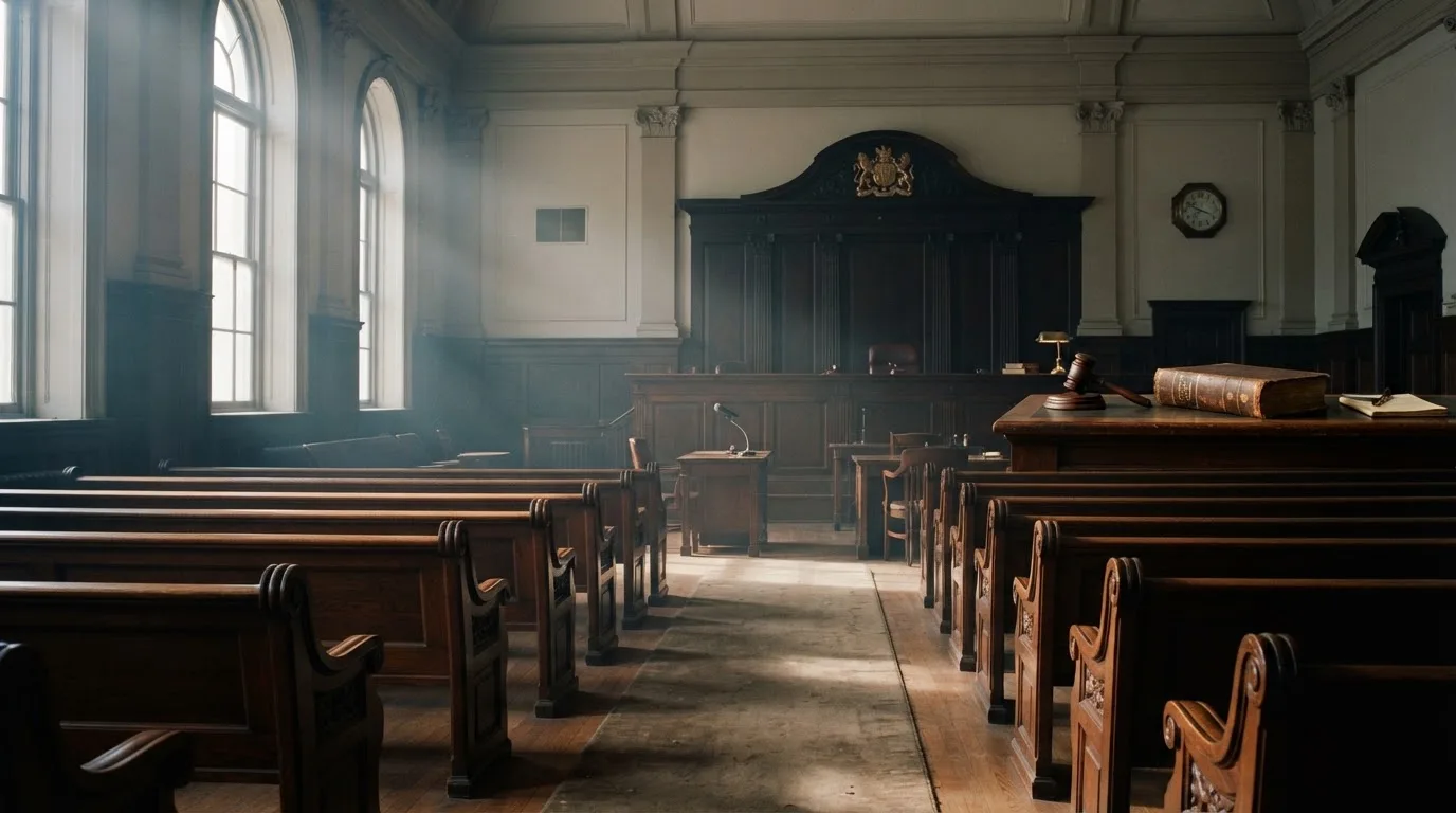 An empty courtroom with wooden benches in morning light