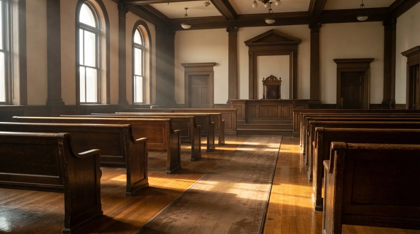 An empty courtroom with wooden benches in morning light