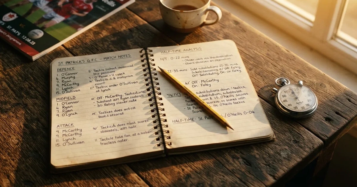 An open notebook with a pencil and a stopwatch on a wooden table
