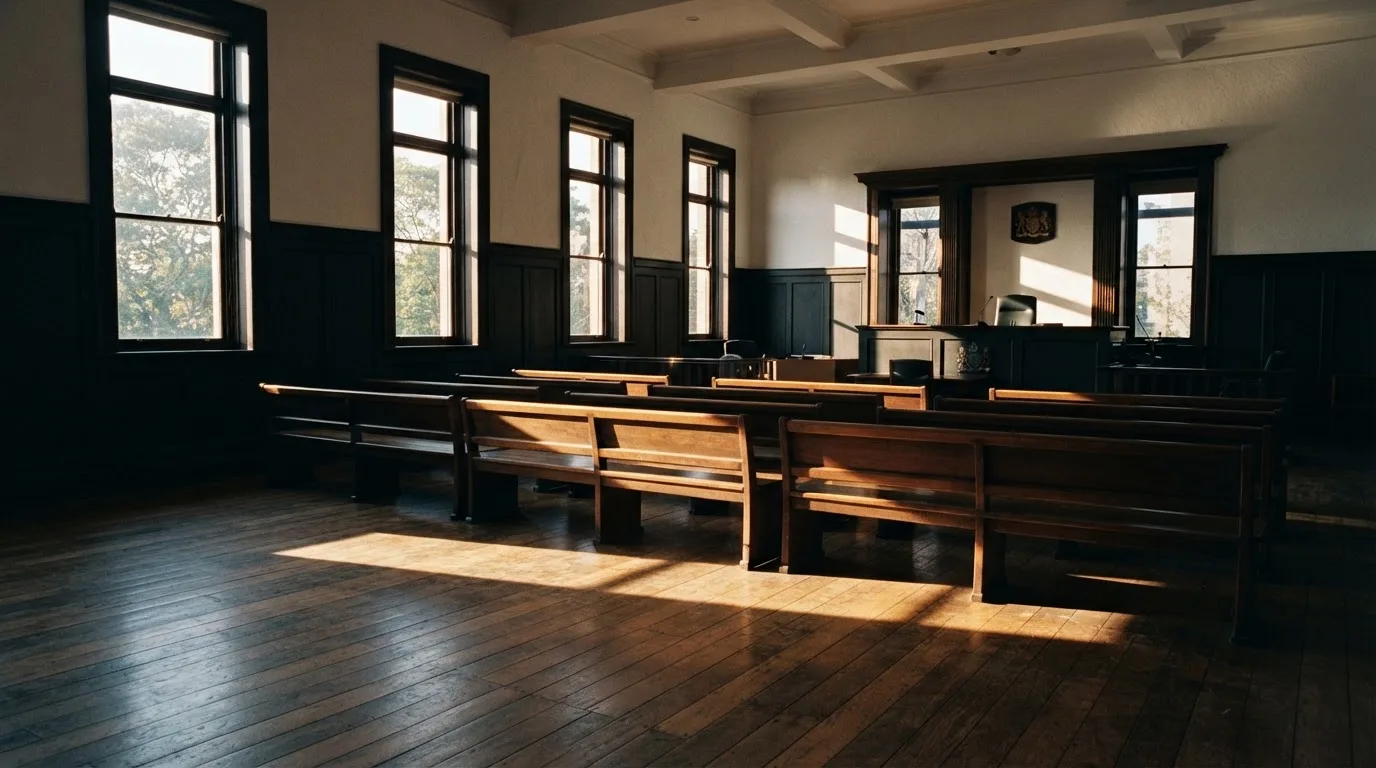 An empty courtroom with wooden benches in morning light