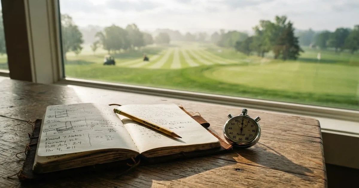 An open notebook with a pencil and a stopwatch on a wooden table