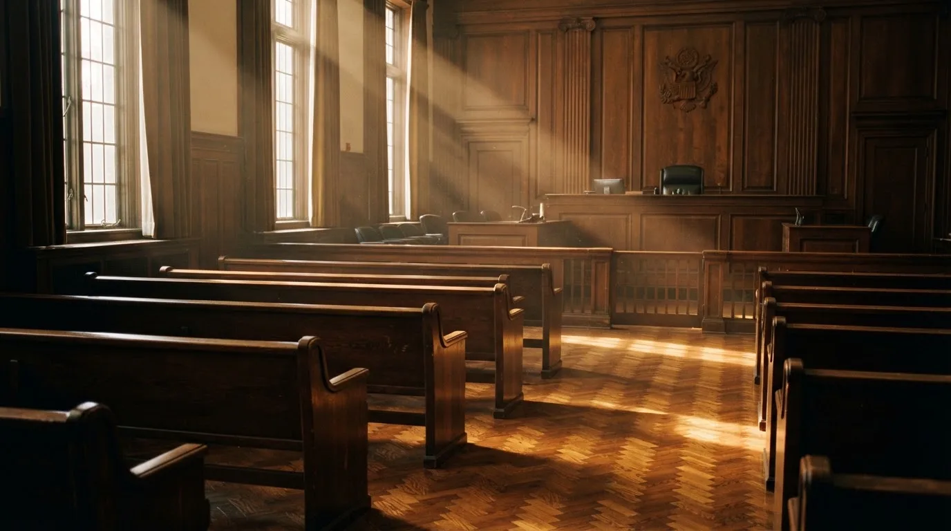An empty courtroom with wooden benches in morning light