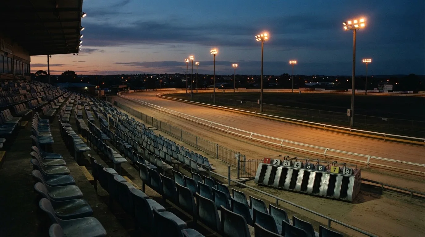 An empty football stadium with floodlight masts at dusk