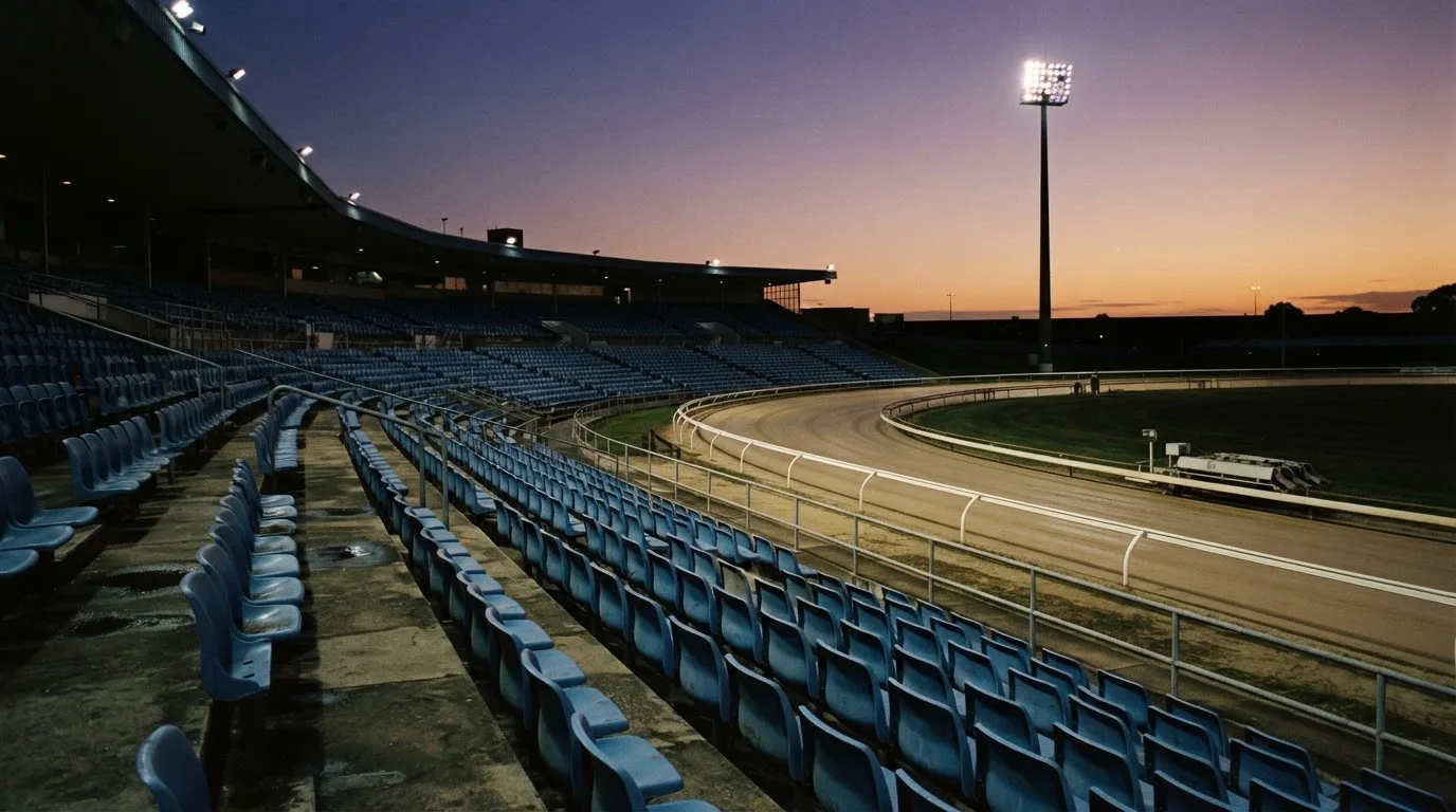 An empty football stadium with floodlight masts at dusk