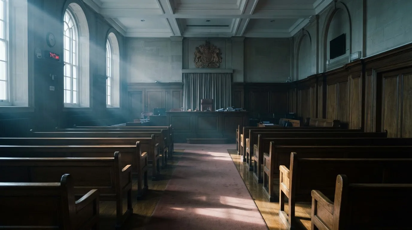 An empty courtroom with wooden benches in morning light