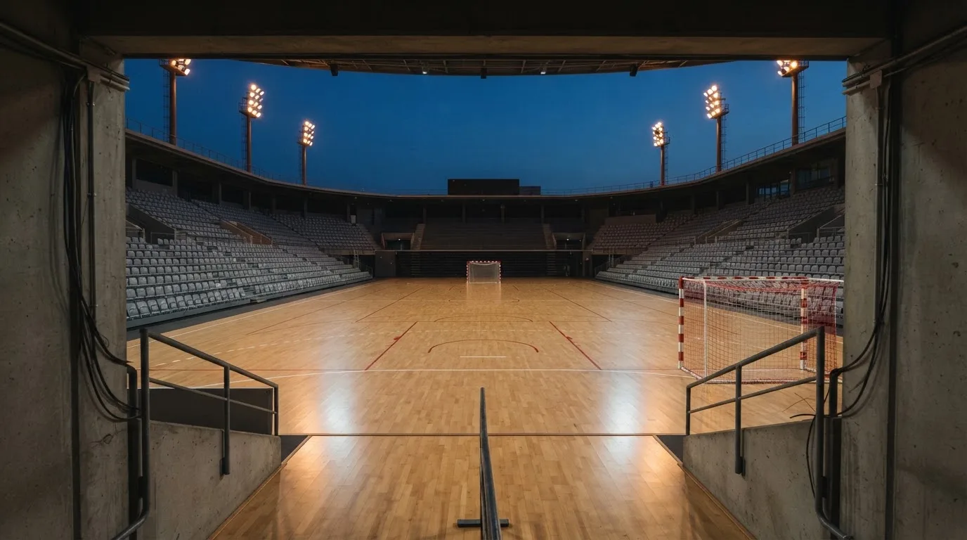 An empty football stadium with floodlight masts at dusk