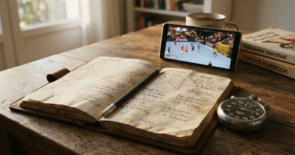 An open notebook with a pencil and a stopwatch on a wooden table