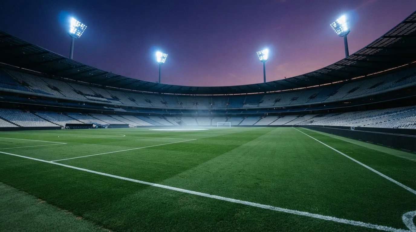 An empty football stadium with floodlight masts at dusk