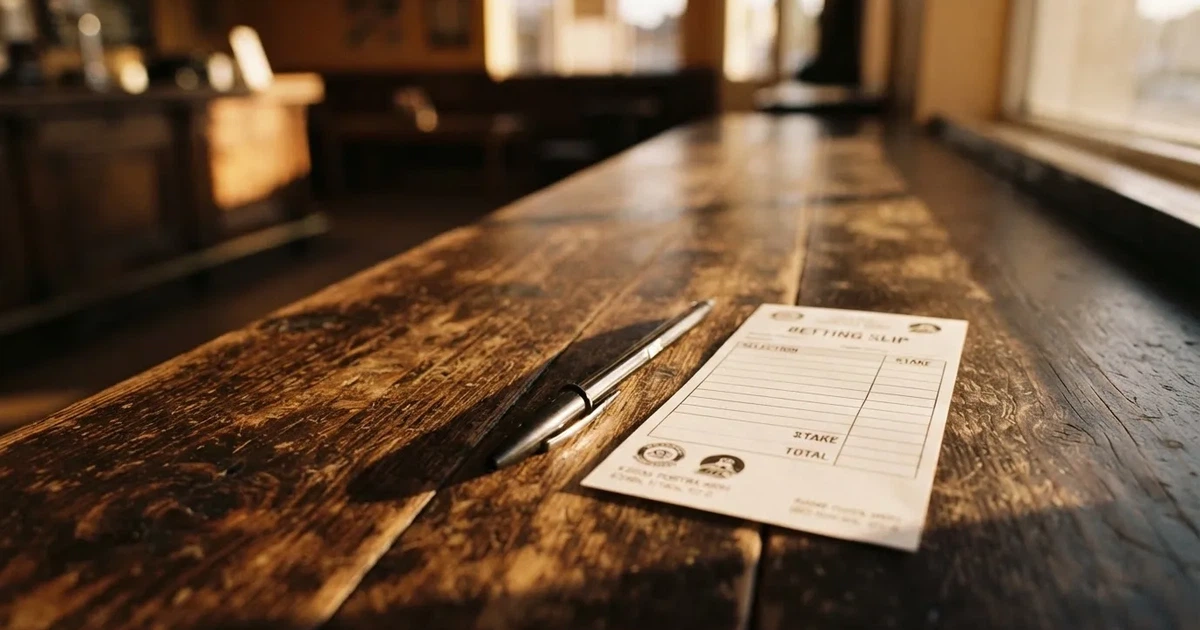 A blank paper betting slip beside a pen on a wooden counter