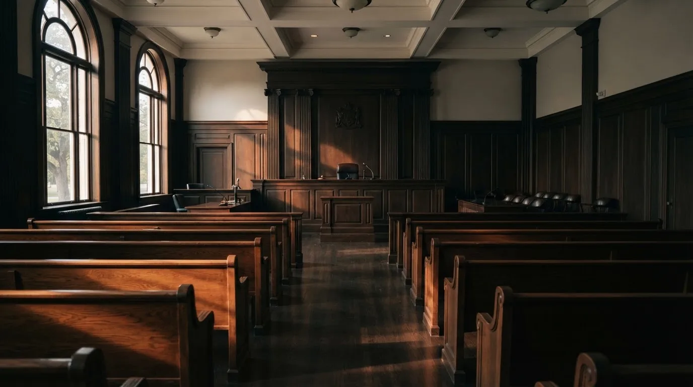An empty courtroom with wooden benches in morning light
