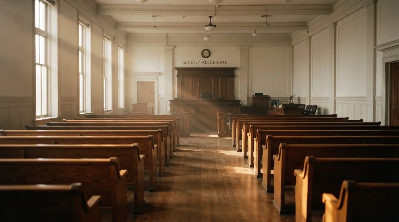 An empty courtroom with wooden benches in morning light
