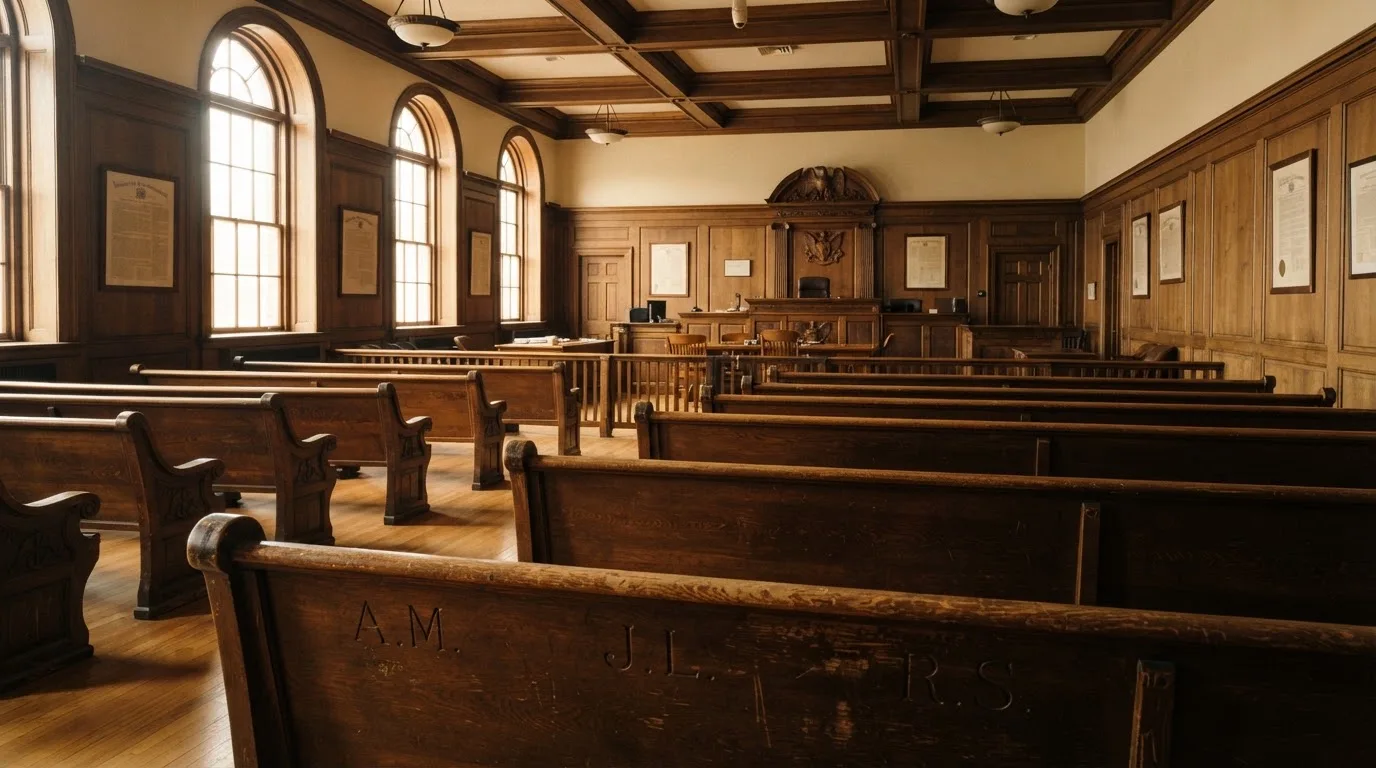 An empty courtroom with wooden benches in morning light