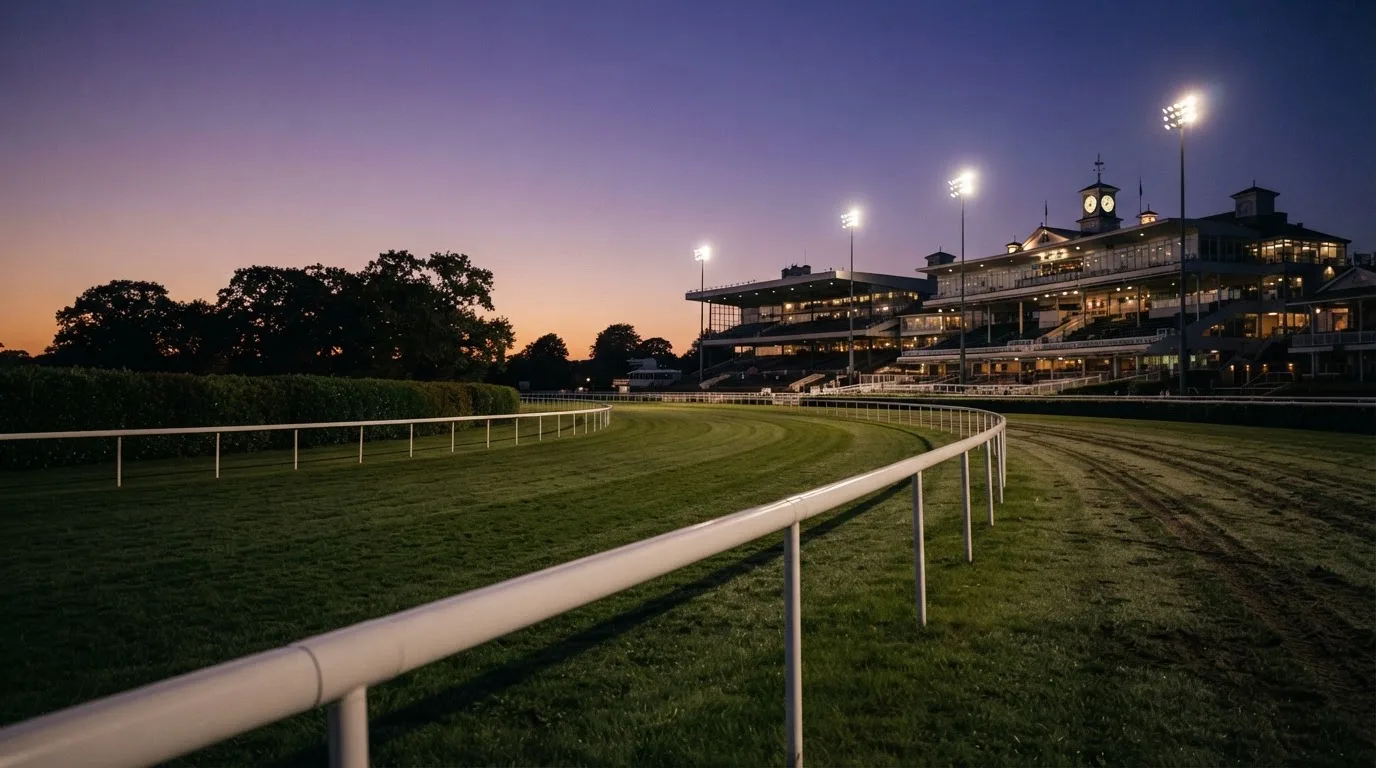 An empty football stadium with floodlight masts at dusk