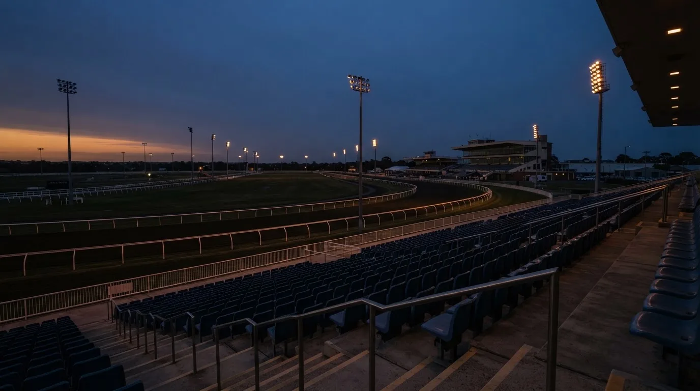 An empty football stadium with floodlight masts at dusk