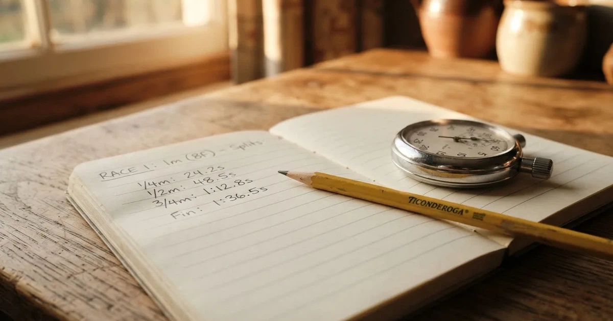 An open notebook with a pencil and a stopwatch on a wooden table