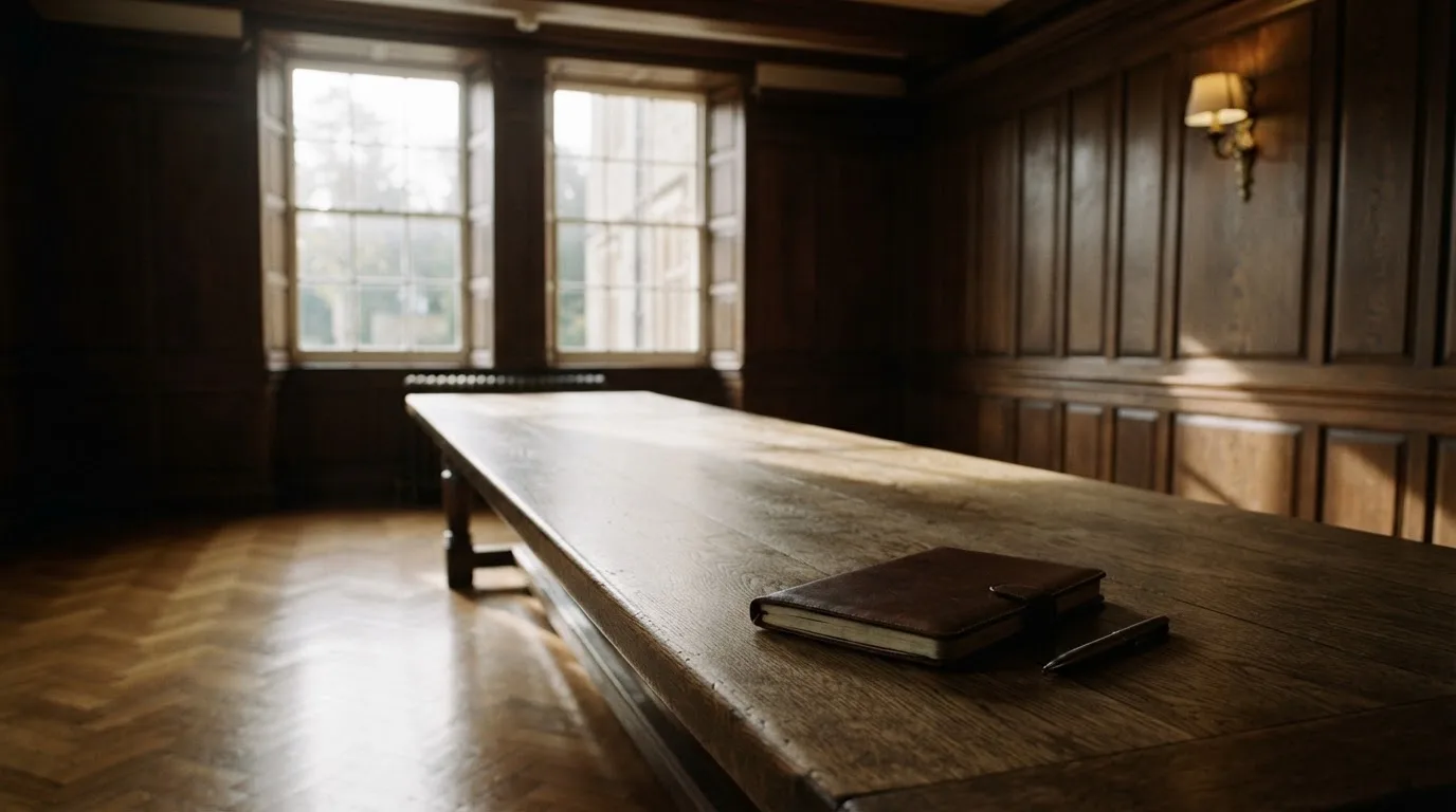 An empty courtroom with wooden benches in morning light