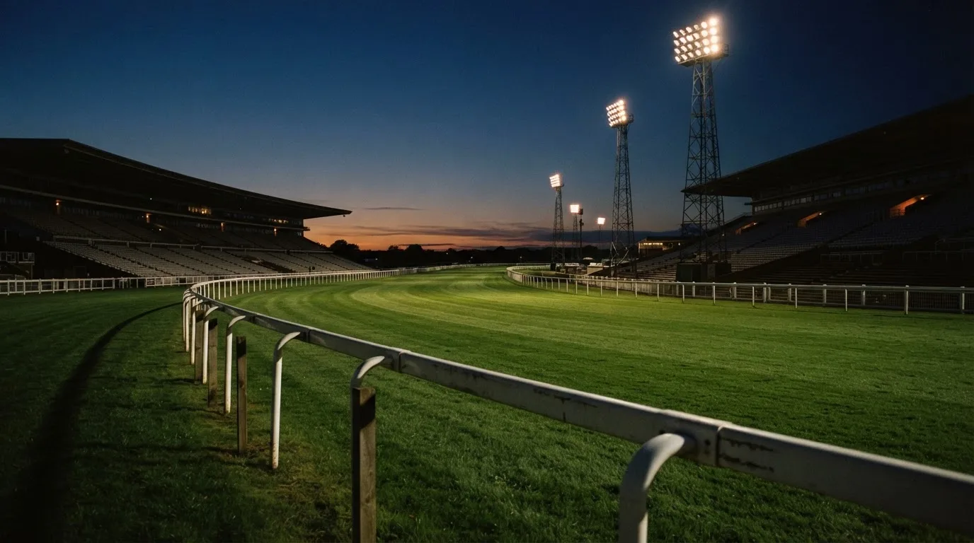 An empty football stadium with floodlight masts at dusk