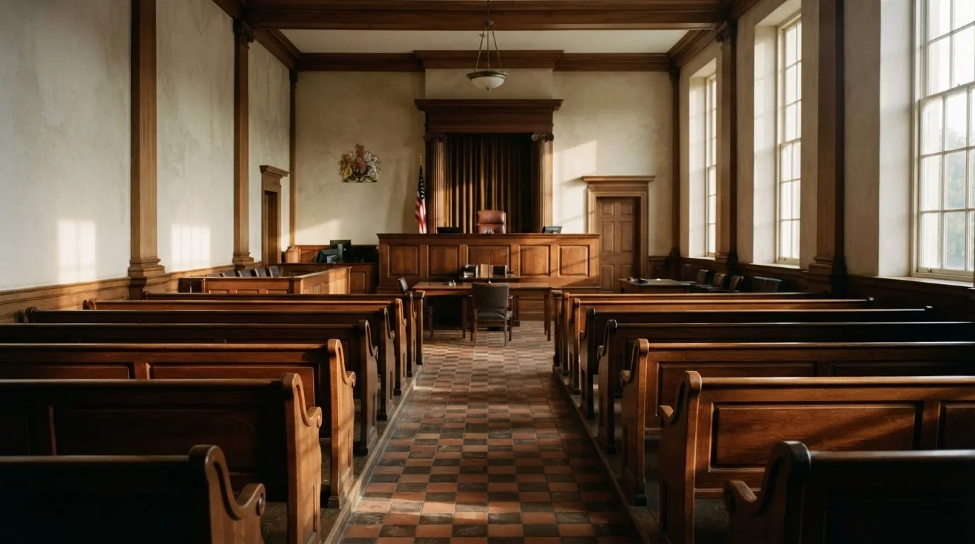 An empty courtroom with wooden benches in morning light