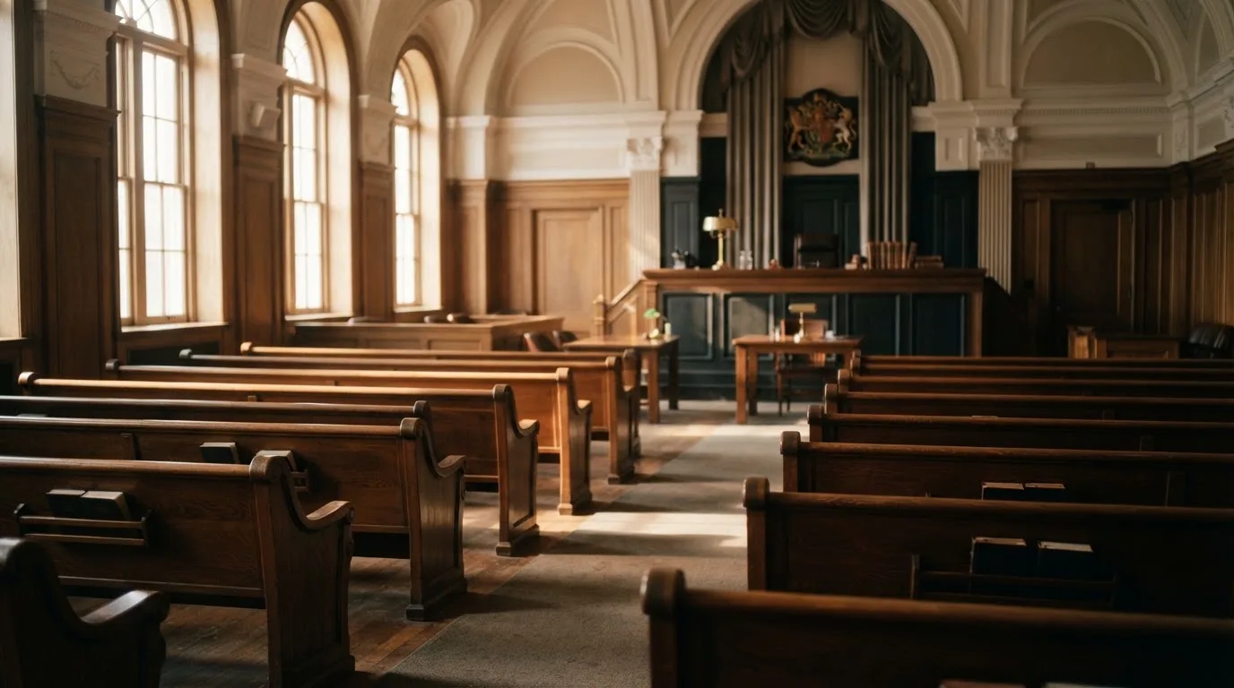 An empty courtroom with wooden benches in morning light