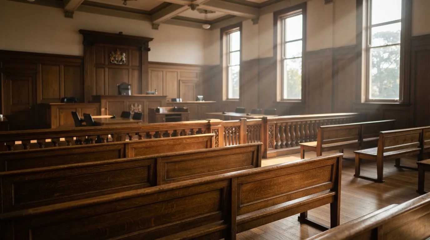 An empty courtroom with wooden benches in morning light