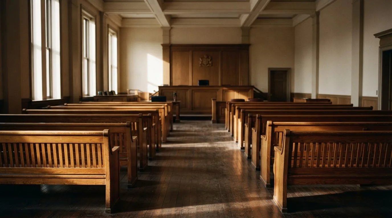 An empty courtroom with wooden benches in morning light
