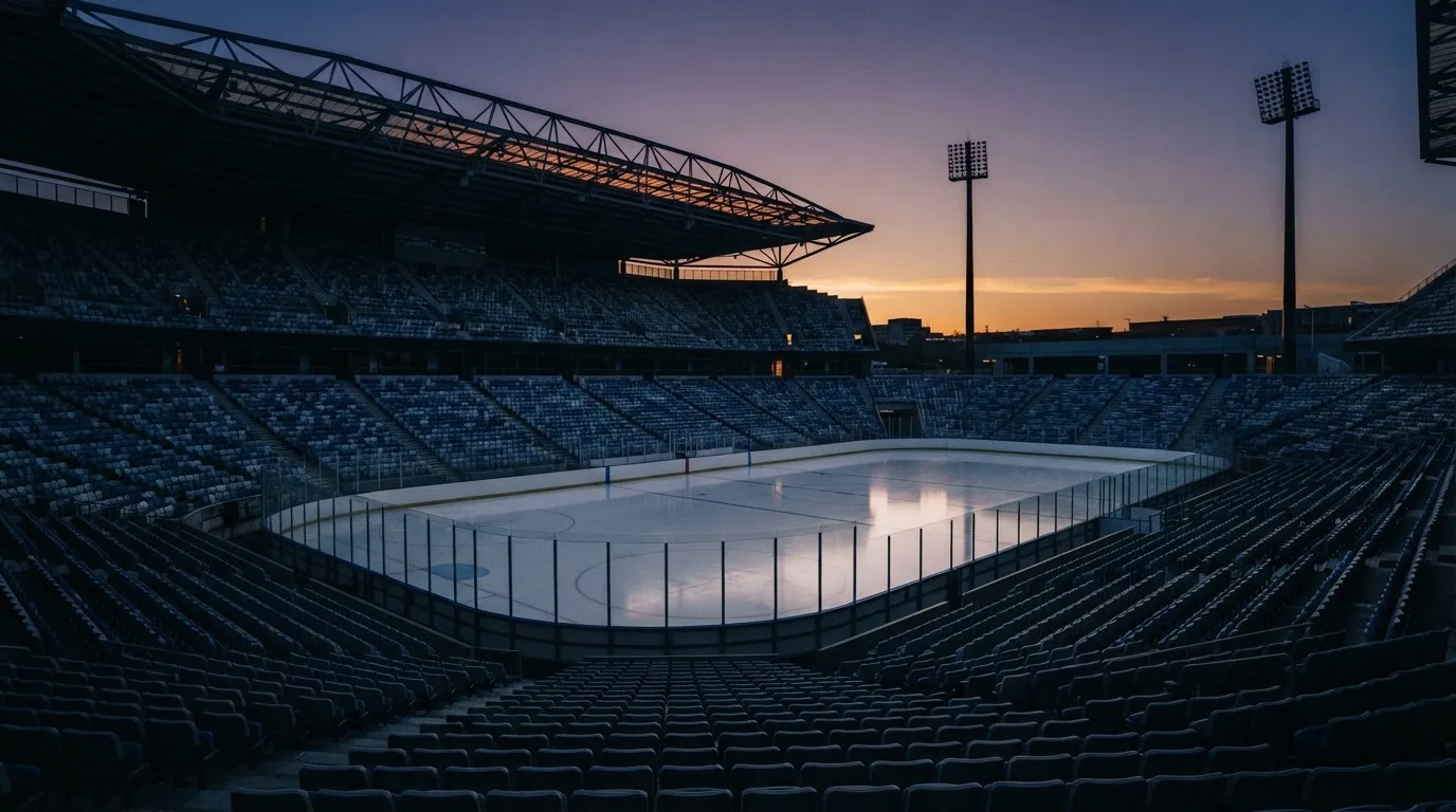 An empty football stadium with floodlight masts at dusk
