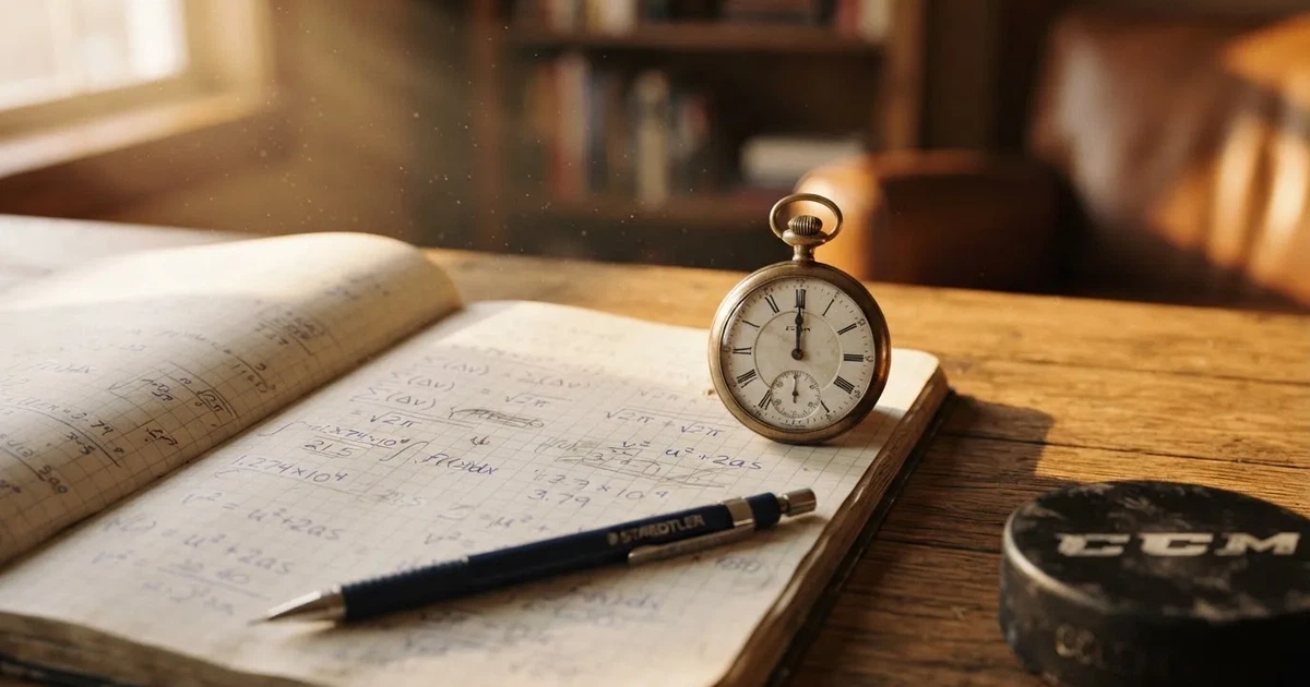 An open notebook with a pencil and a stopwatch on a wooden table
