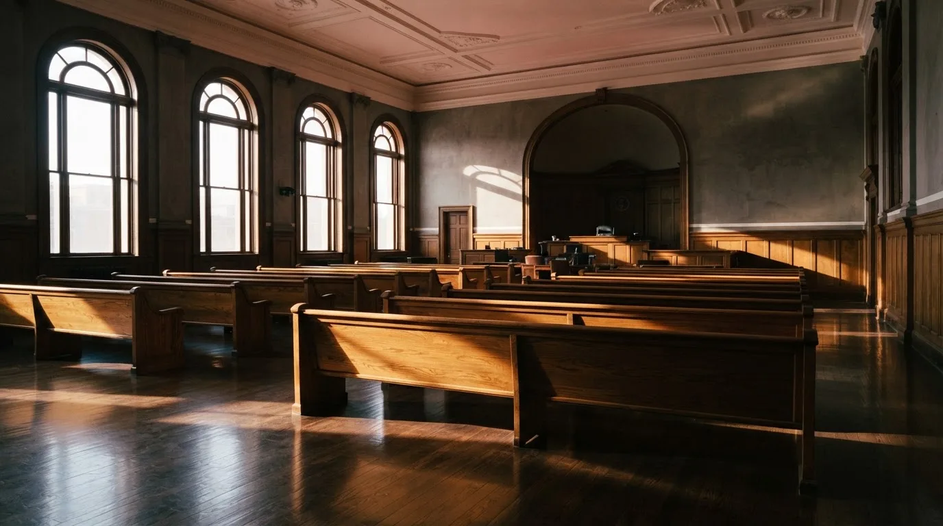 An empty courtroom with wooden benches in morning light