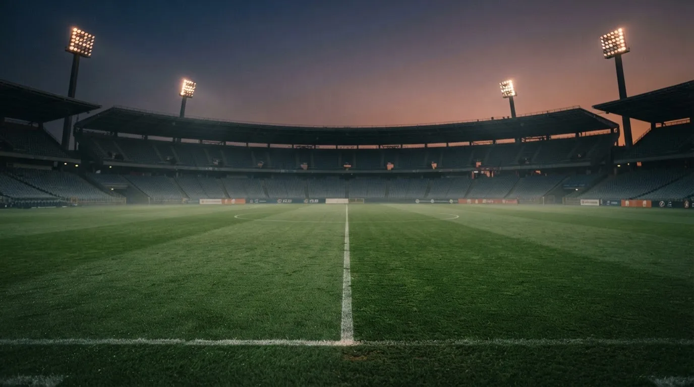 An empty football stadium with floodlight masts at dusk