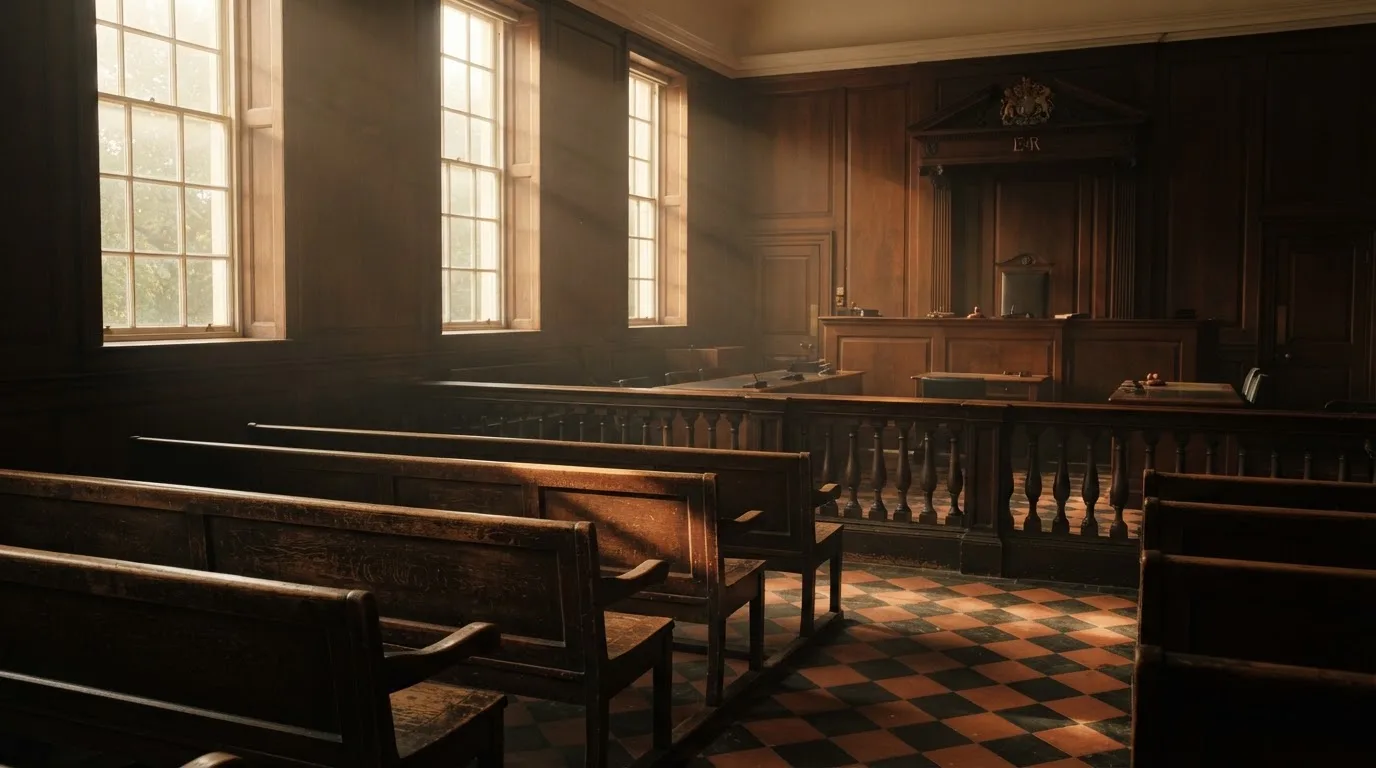 An empty courtroom with wooden benches in morning light