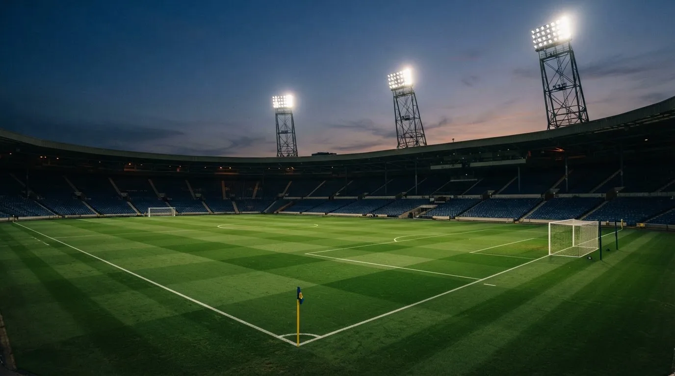 An empty football stadium with floodlight masts at dusk