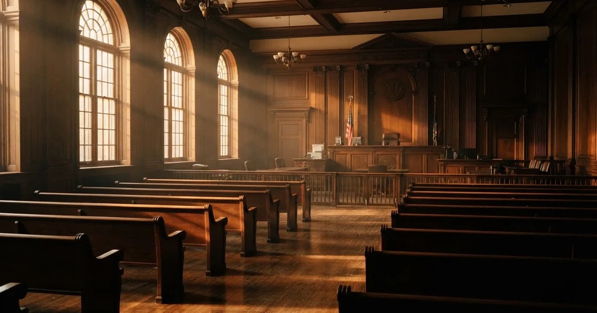 An empty courtroom with wooden benches in morning light