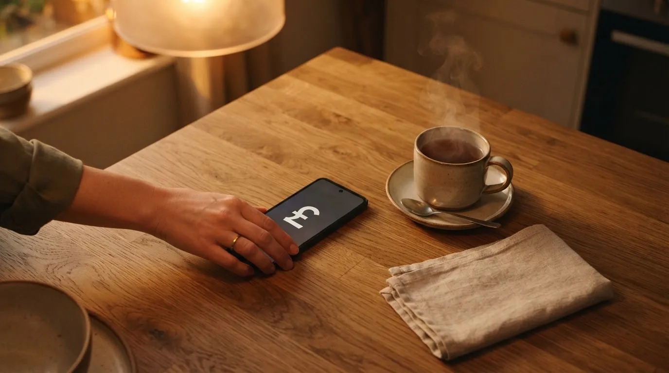 A hand setting a smartphone down beside a cup of tea on a kitchen table on a quiet evening