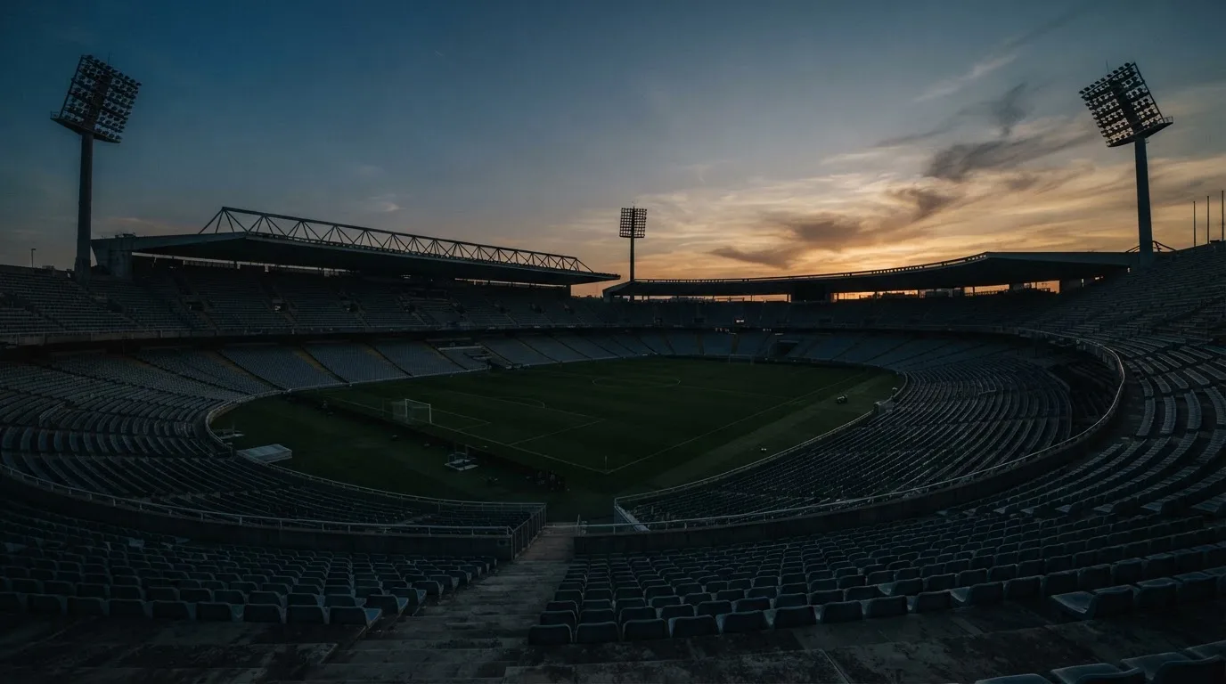 An empty football stadium with floodlight masts at dusk