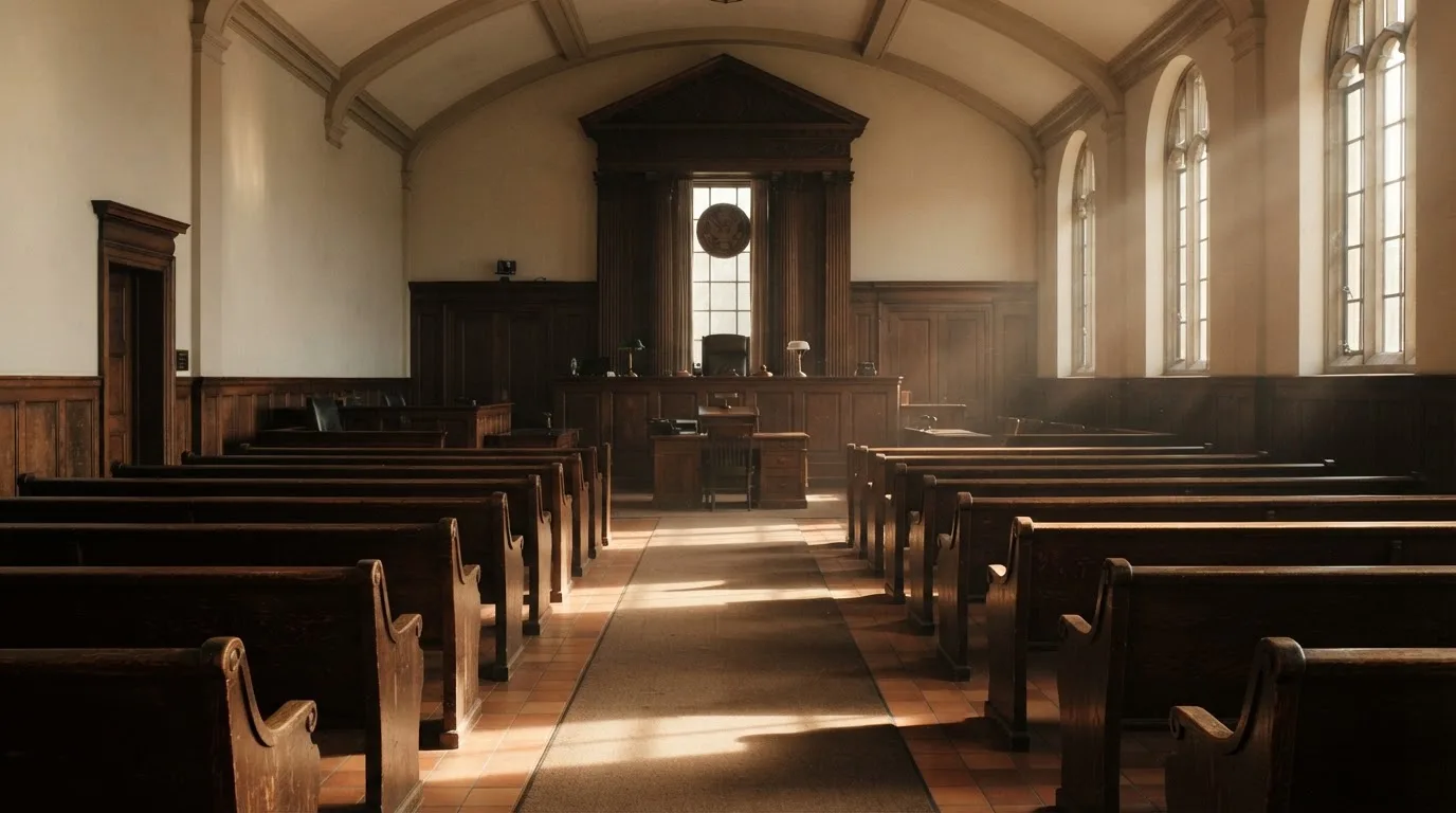 An empty courtroom with wooden benches in morning light