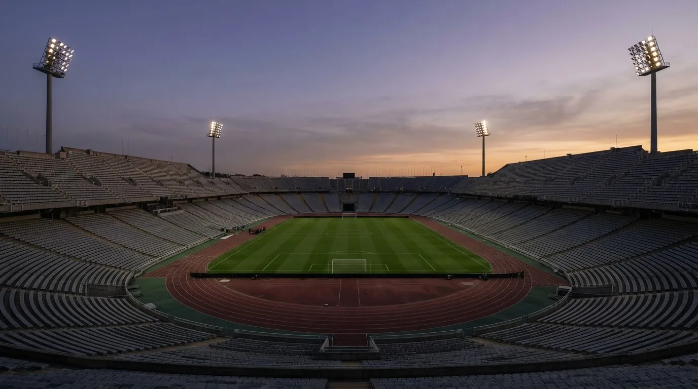 An empty football stadium with floodlight masts at dusk