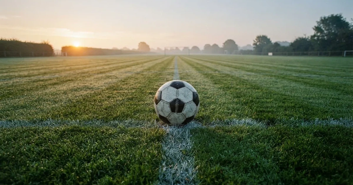 A ball on the centre spot of a grass pitch in morning light