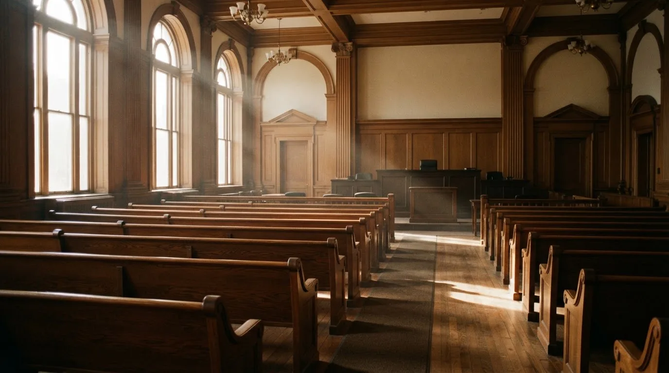 An empty courtroom with wooden benches in morning light