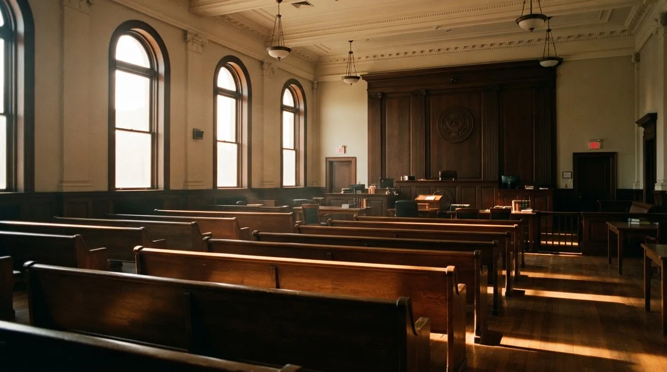 An empty courtroom with wooden benches in morning light