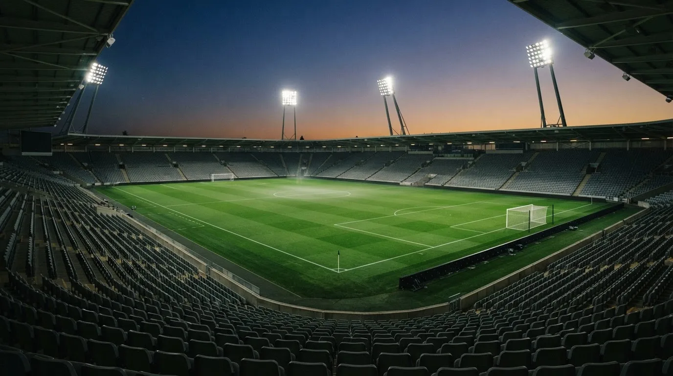 An empty football stadium with floodlight masts at dusk