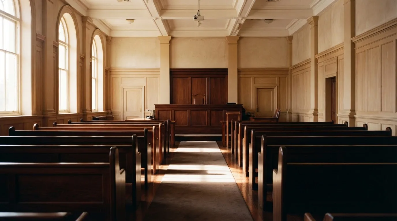 An empty courtroom with wooden benches in morning light