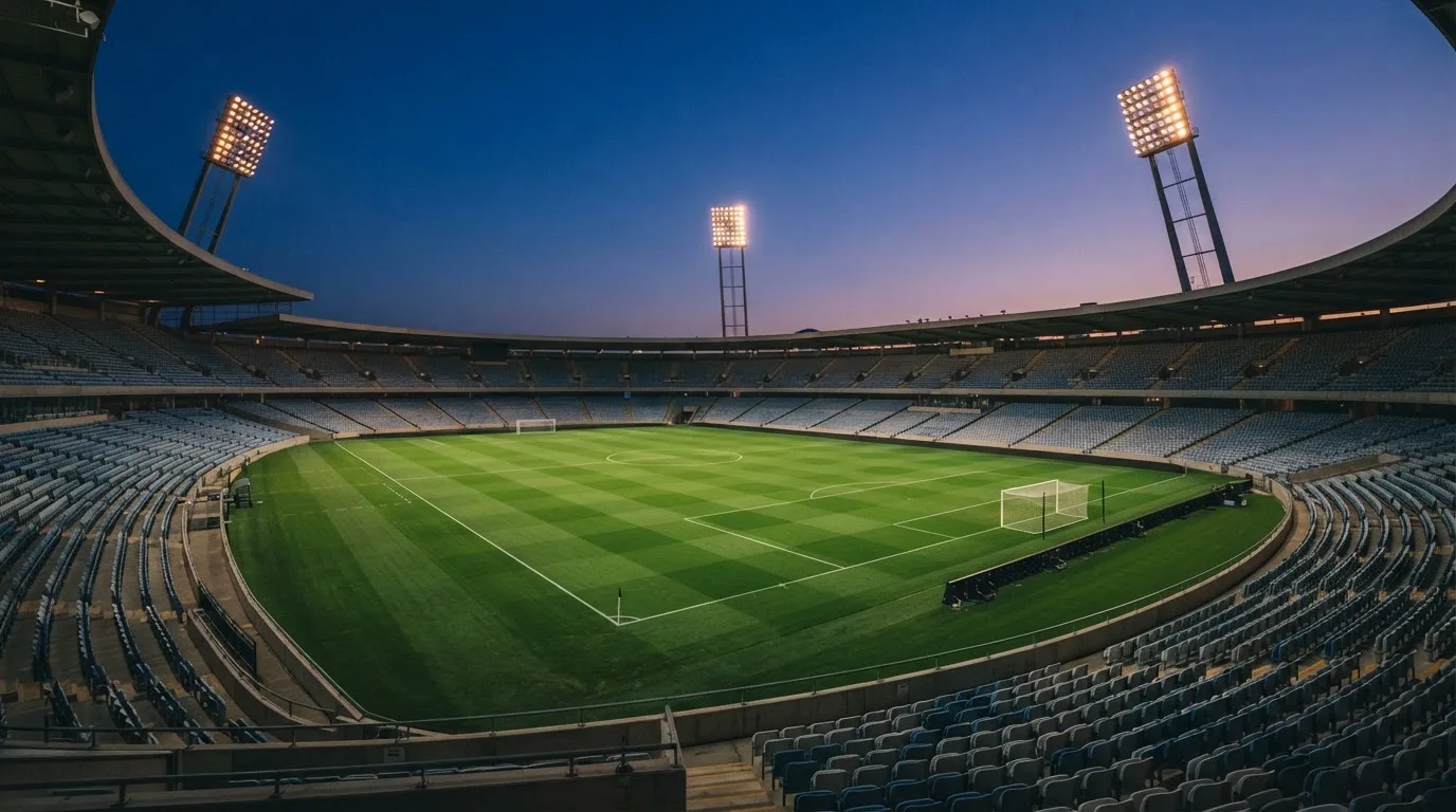 An empty football stadium with floodlight masts at dusk