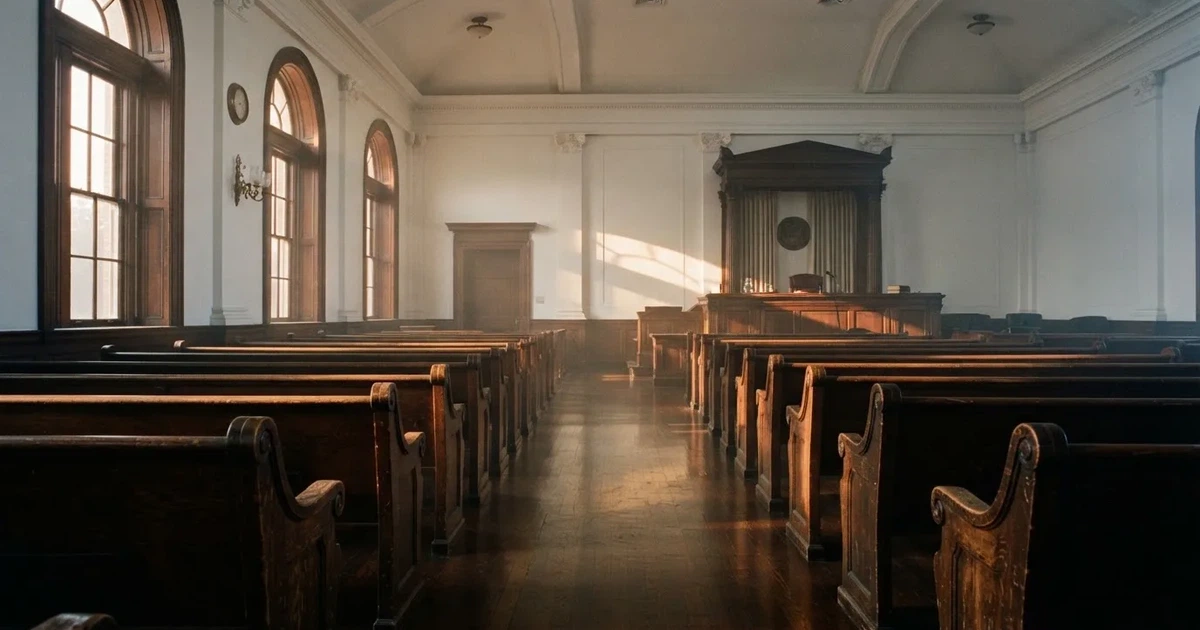 An empty courtroom with wooden benches in morning light