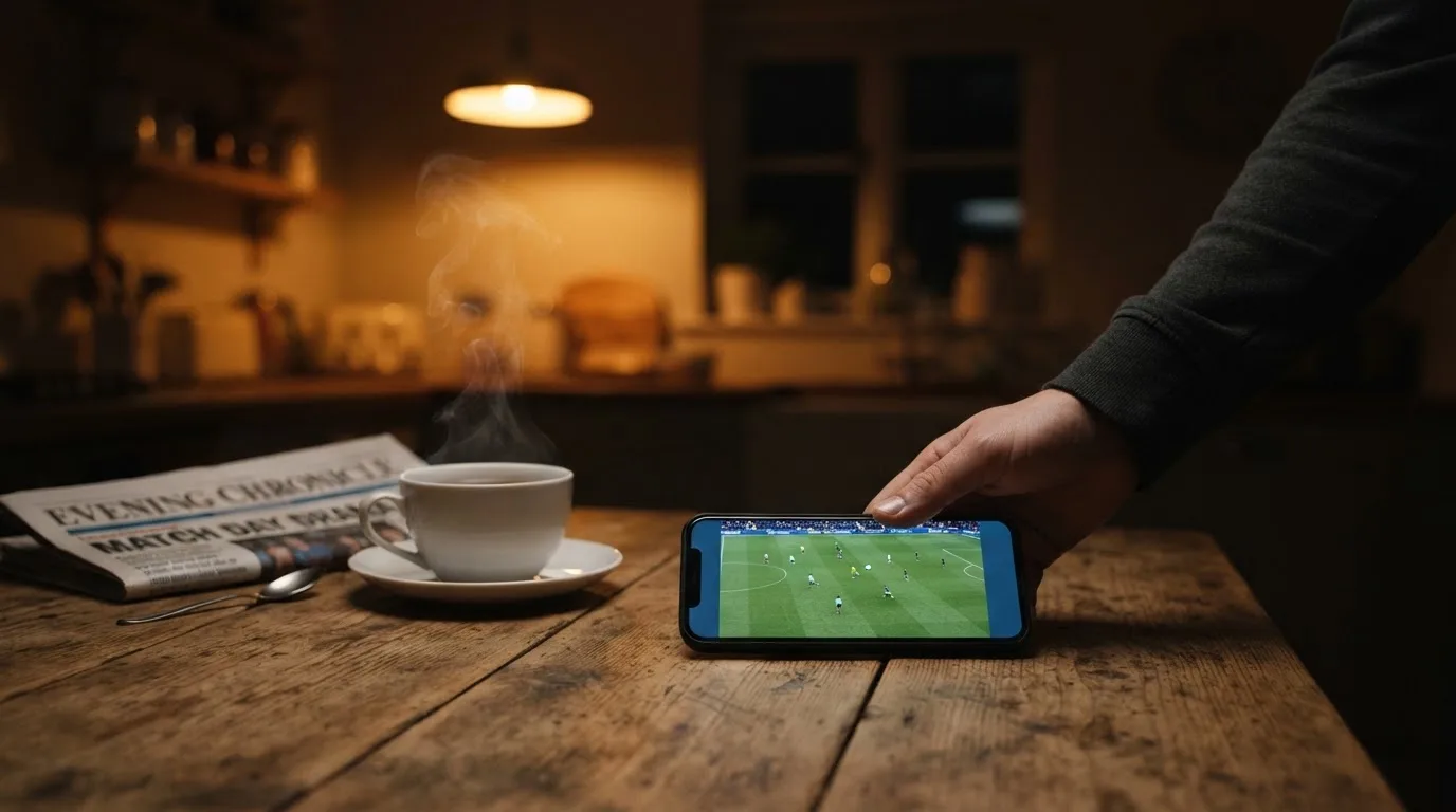 A hand setting a smartphone down beside a cup of tea on a kitchen table on a quiet evening
