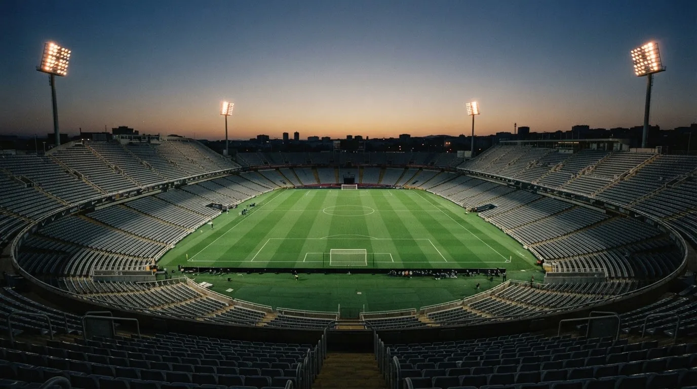 An empty football stadium with floodlight masts at dusk