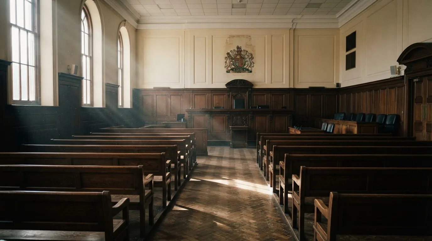 An empty courtroom with wooden benches in morning light