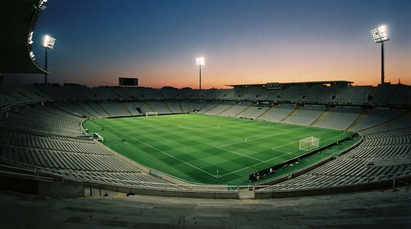 An empty football stadium with floodlight masts at dusk
